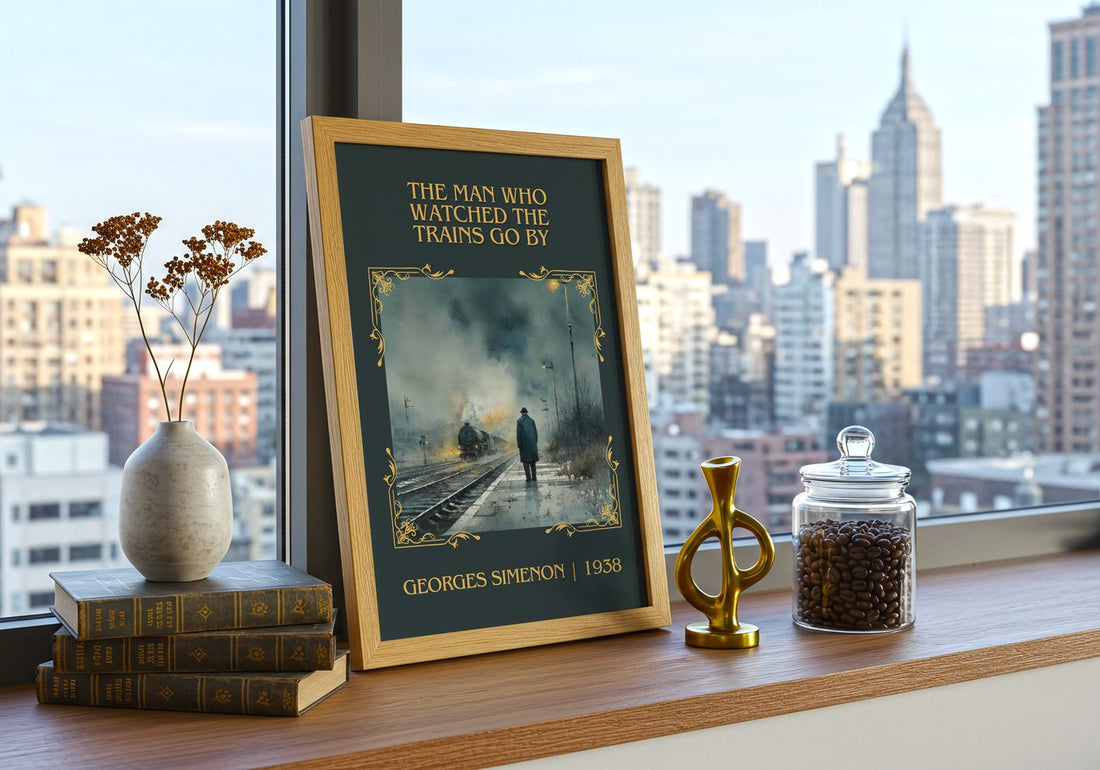 Man Who Watched The Trains Go By Classic Book Art Print by G. Simenon – framed print on a city-view windowsill