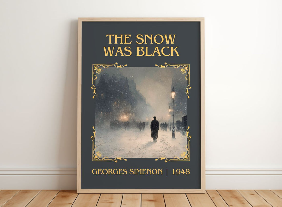 The Snow Was Black Classic Book Art Print by Georges Simenon – framed print leaning on a wooden floor