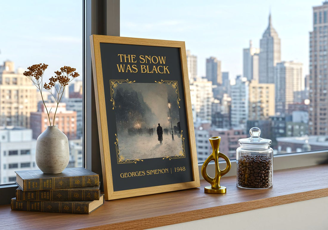 The Snow Was Black Classic Book Art Print by Georges Simenon – framed print on a city-view windowsill