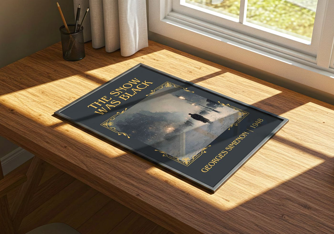The Snow Was Black Classic Book Art Print by Georges Simenon – print on a sunlit desk