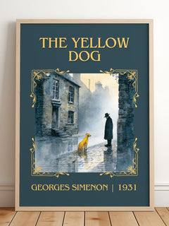 The Yellow Dog Classic Book Art Print by Georges Simenon – framed print leaning on a wooden floor