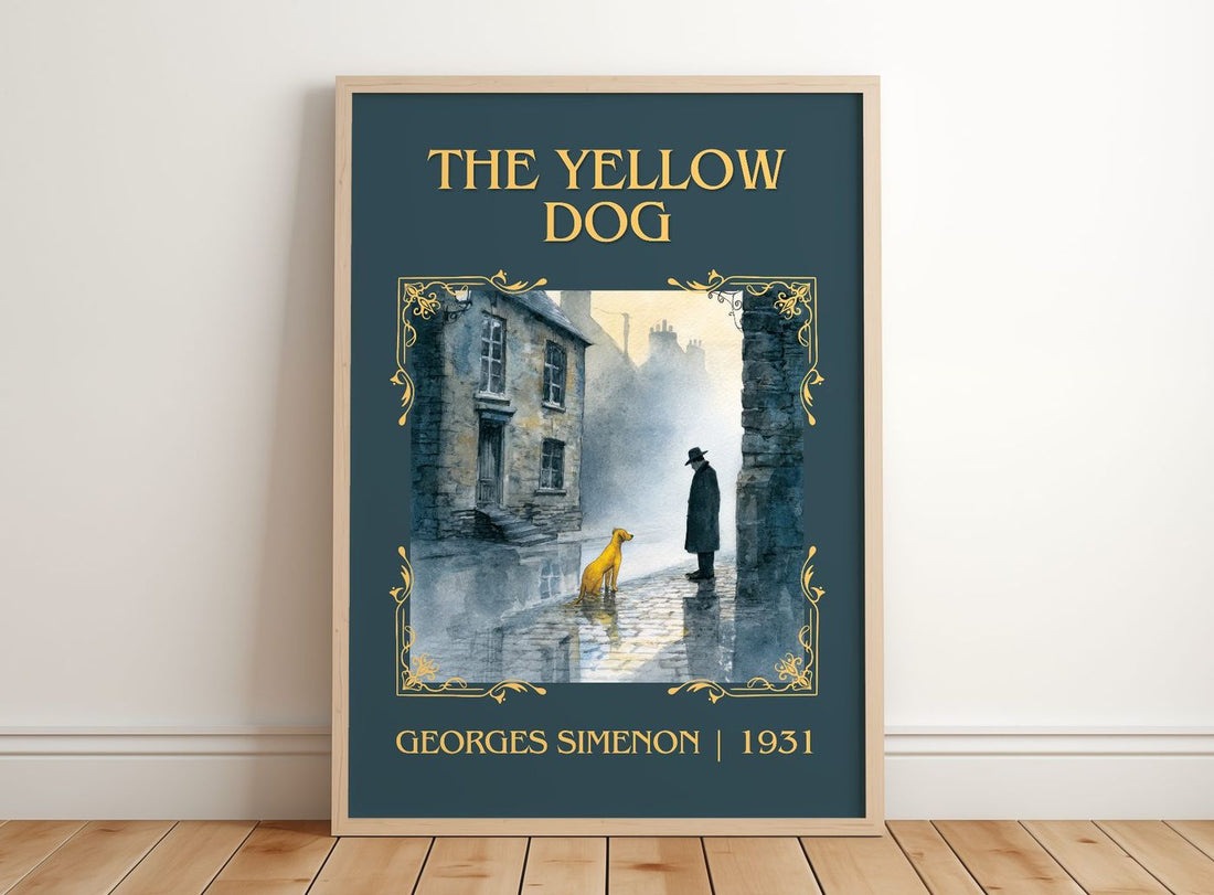 The Yellow Dog Classic Book Art Print by Georges Simenon – framed print leaning on a wooden floor