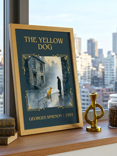 The Yellow Dog Classic Book Art Print by Georges Simenon – framed print on a city-view windowsill