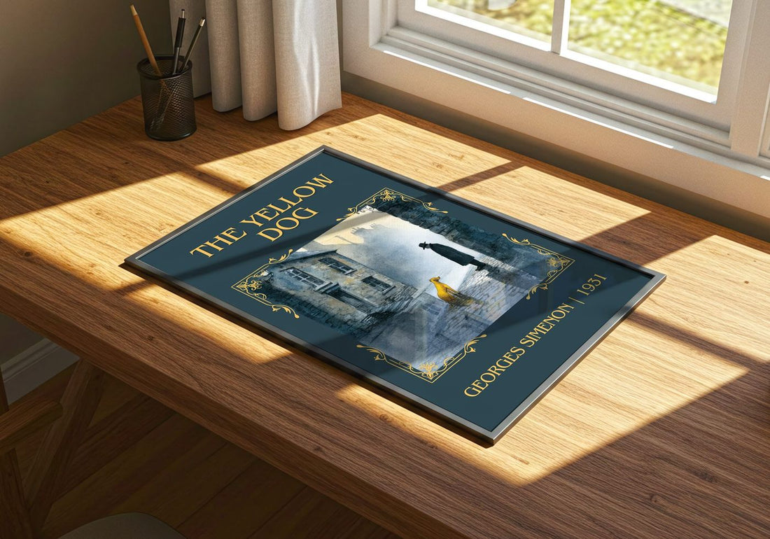 The Yellow Dog Classic Book Art Print by Georges Simenon – print on a sunlit desk