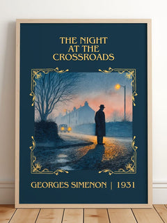 The Night At The Crossroads Classic Book Art Print by Georges Simenon – framed print leaning on a wooden floor