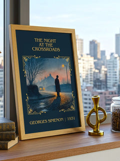 The Night At The Crossroads Classic Book Art Print by Georges Simenon – framed print on a city-view windowsill