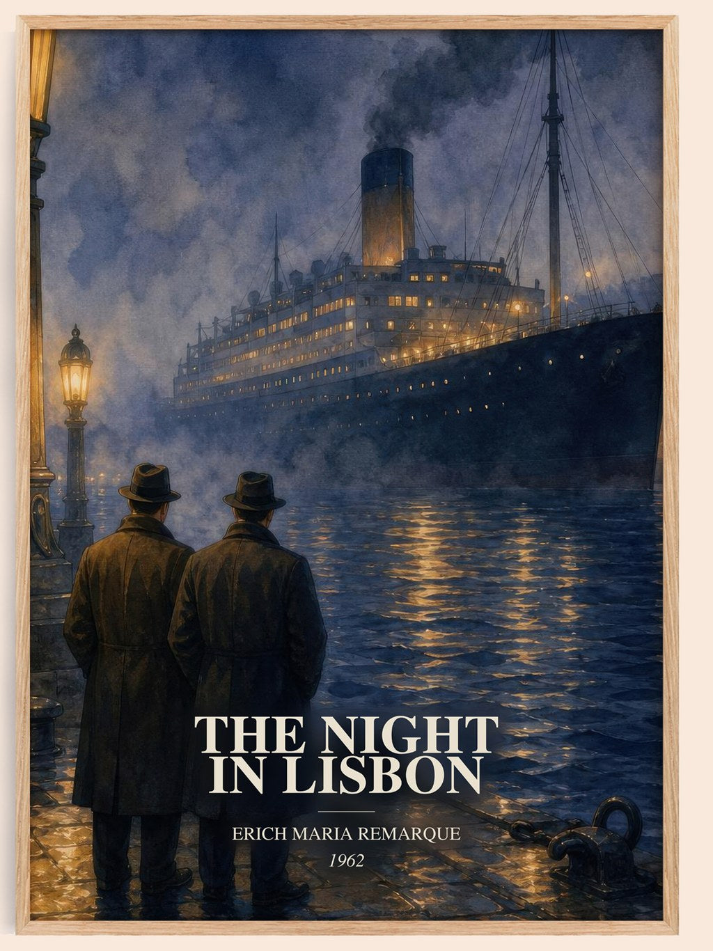 The Night In Lisbon watercolour book poster by Erich Maria Remarque – framed literary art print