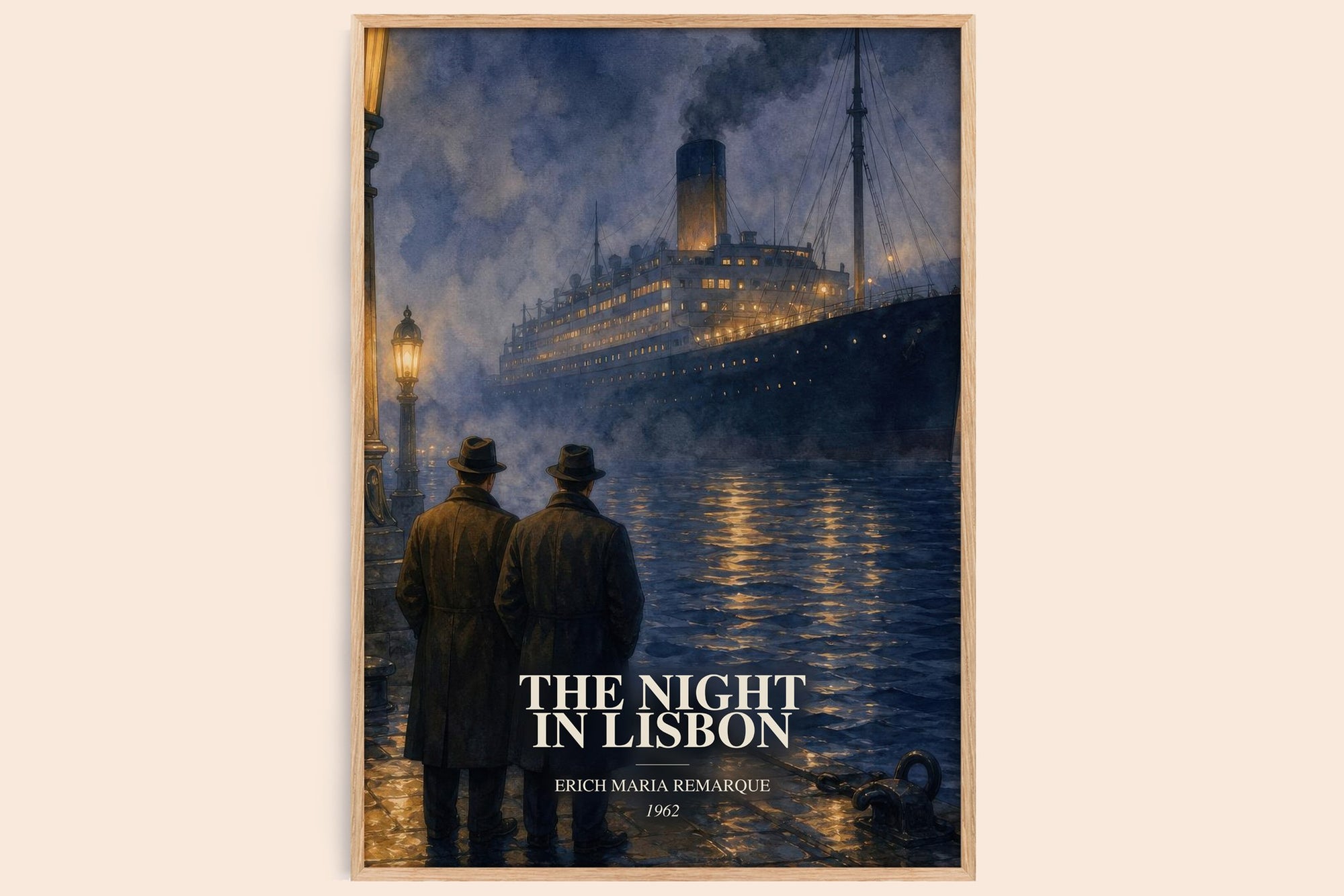 The Night In Lisbon watercolour book poster by Erich Maria Remarque – framed literary art print