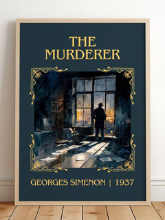 The Murderer Classic Book Art Print by Georges Simenon – framed print leaning on a wooden floor