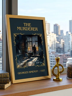 The Murderer Classic Book Art Print by Georges Simenon – framed print on a city-view windowsill