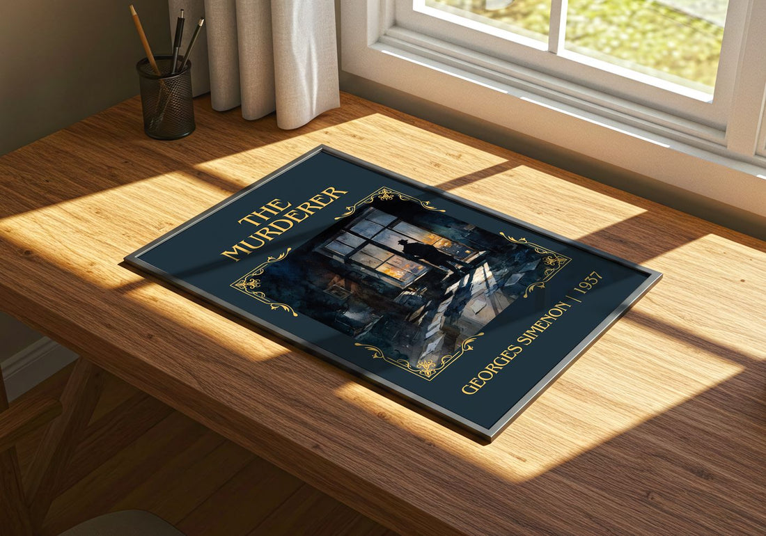 The Murderer Classic Book Art Print by Georges Simenon – print on a sunlit desk
