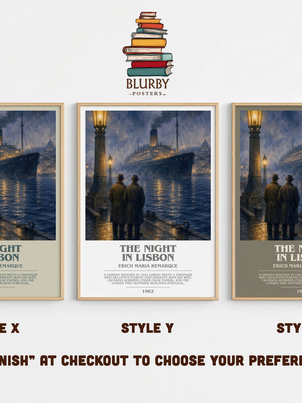 The Night In Lisbon bookish print in frame leaning in hallway – historical fiction wall art