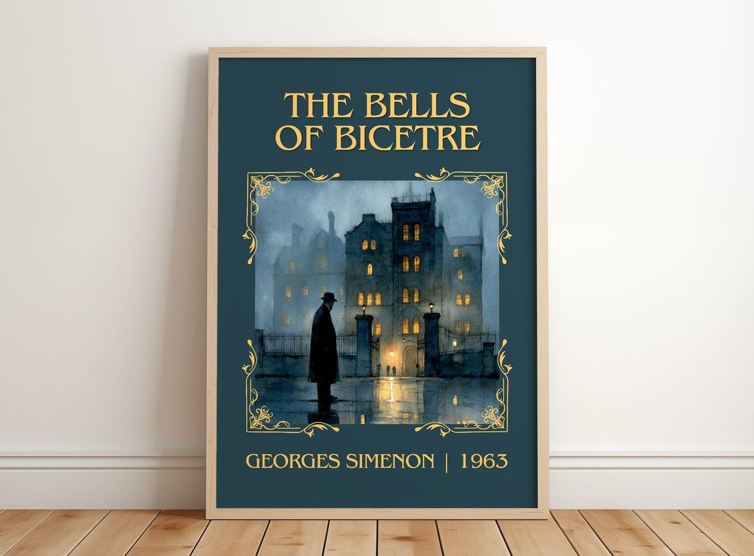 The Bells Of Bicêtre Classic Book Art Print by Georges Simenon – framed print leaning on a wooden floor