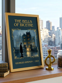 The Bells Of Bicêtre Classic Book Art Print by Georges Simenon – framed print on a city-view windowsill