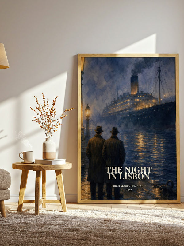 The Night In Lisbon watercolour print in frame leaning in hallway – historical fiction wall art