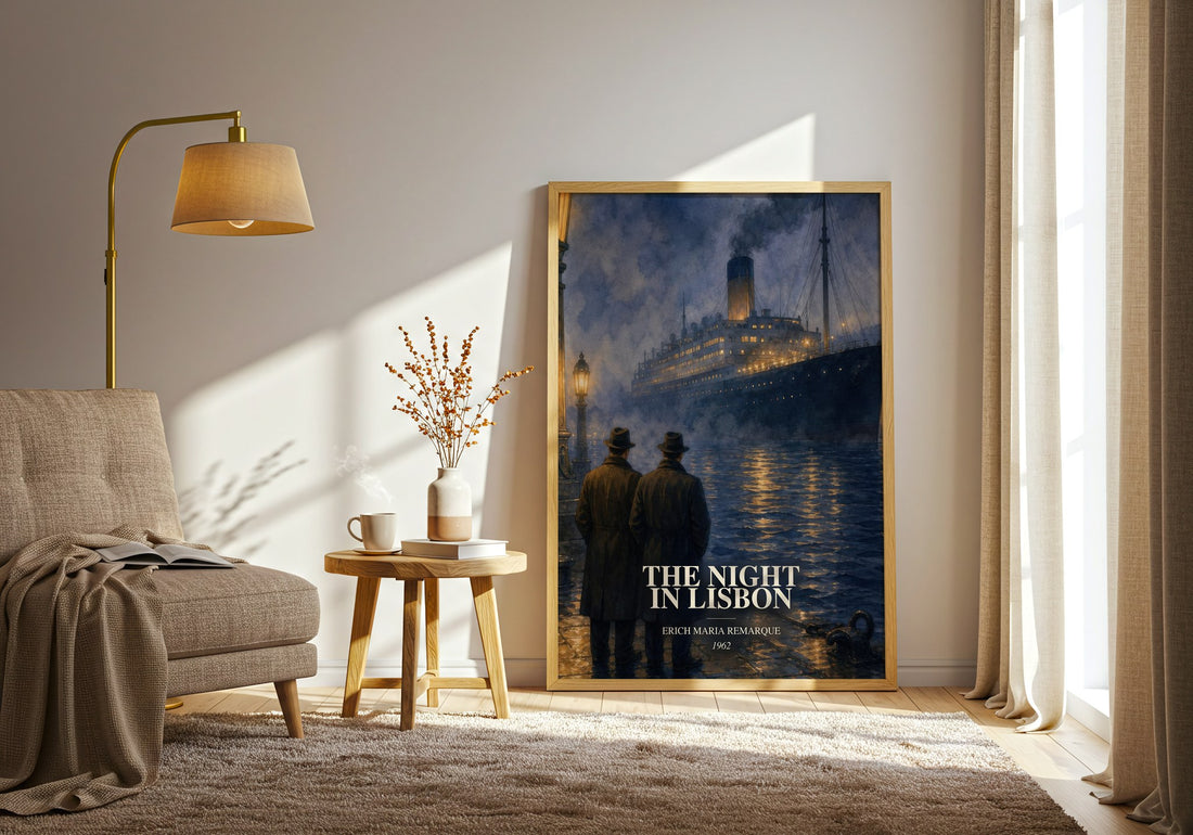 The Night In Lisbon watercolour print in frame leaning in hallway – historical fiction wall art (mockup)