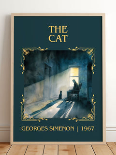 The Cat Classic Book Art Print by Georges Simenon – framed print leaning on a wooden floor