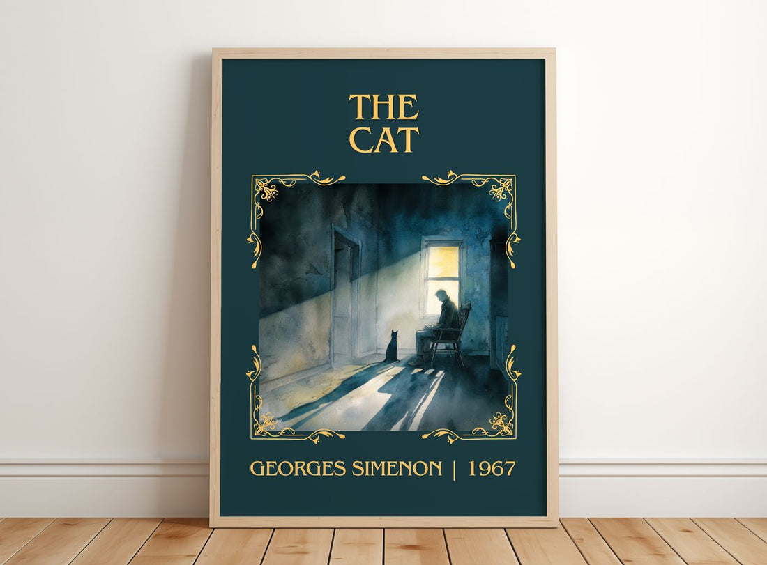 The Cat Classic Book Art Print by Georges Simenon – framed print leaning on a wooden floor