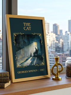 The Cat Classic Book Art Print by Georges Simenon – framed print on a city-view windowsill