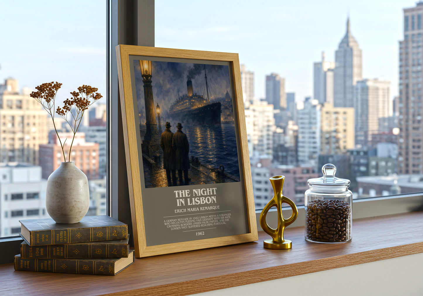 The Night In Lisbon bookish print framed by window – literary home decor