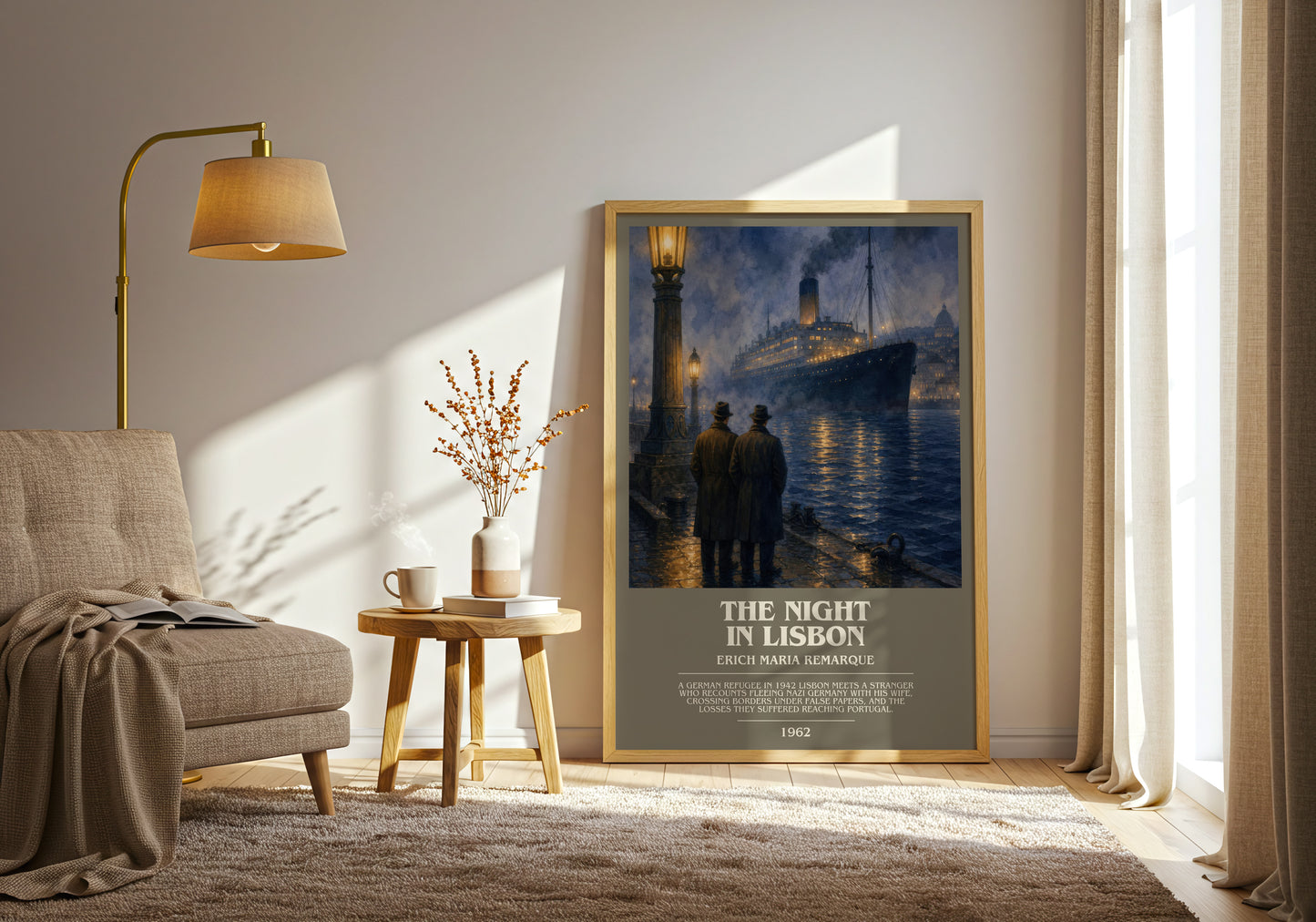 The Night In Lisbon bookish print on bookshelf – Erich Maria Remarque fan gift