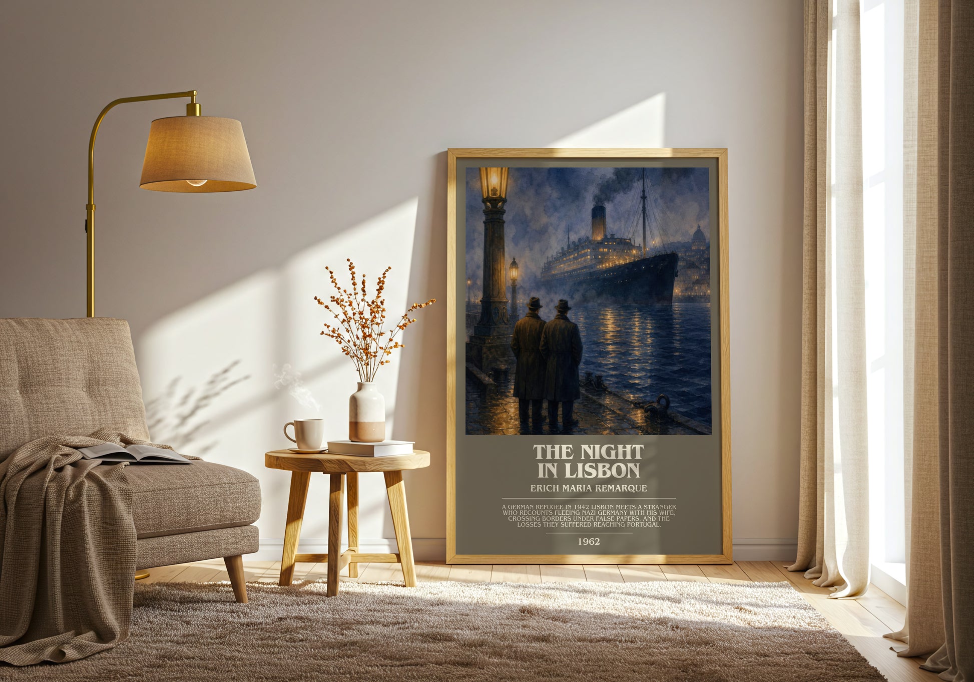 The Night In Lisbon bookish print on bookshelf – Erich Maria Remarque fan gift