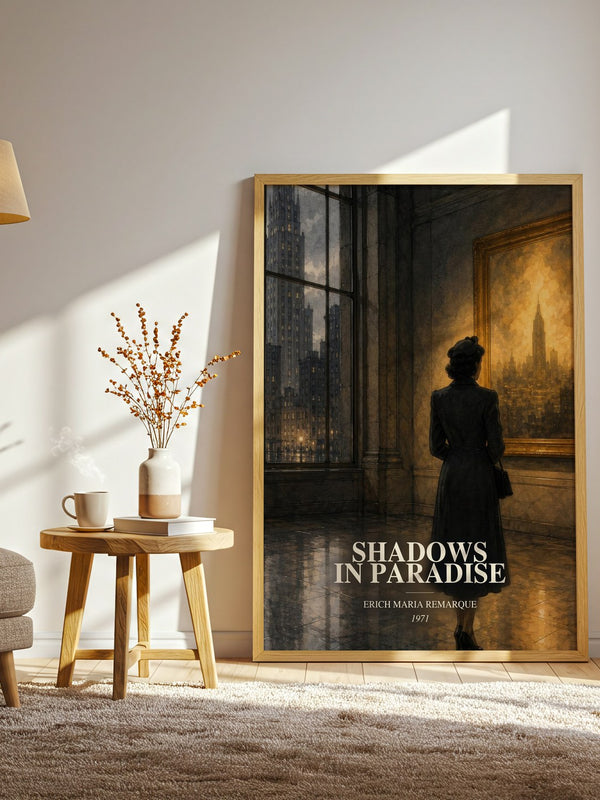 Shadows In Paradise watercolour print in frame leaning in hallway – literary fiction wall art