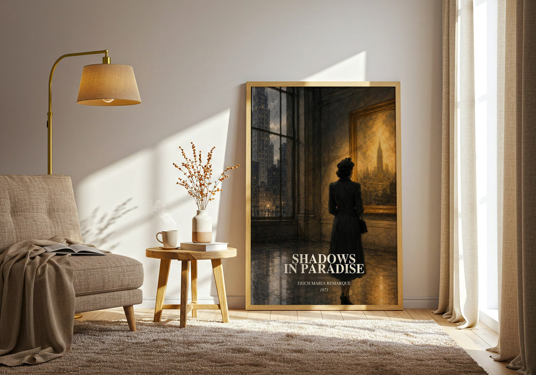 Shadows In Paradise watercolour print in frame leaning in hallway – literary fiction wall art (mockup)