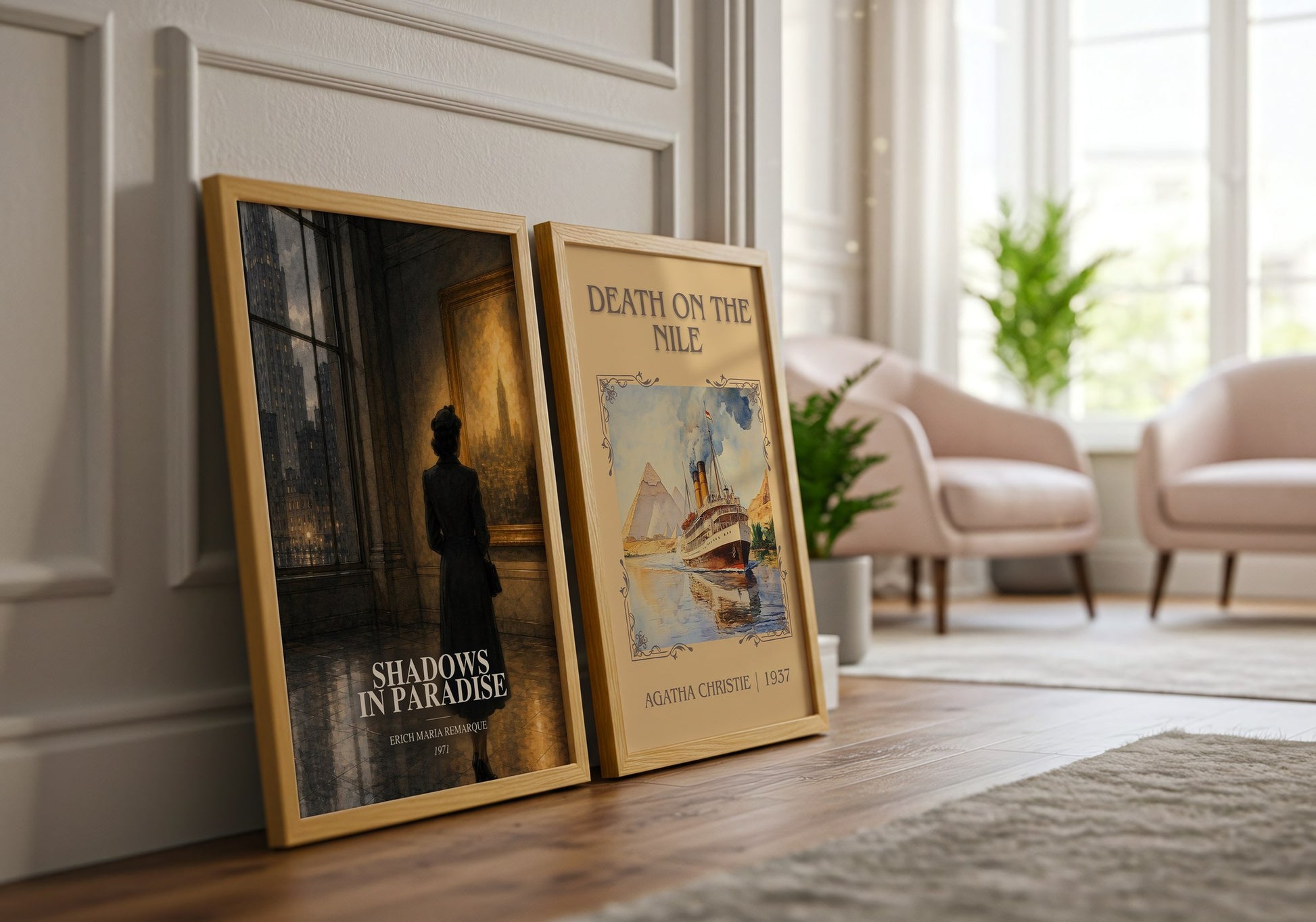 Shadows In Paradise watercolour print framed by window – literary home decor