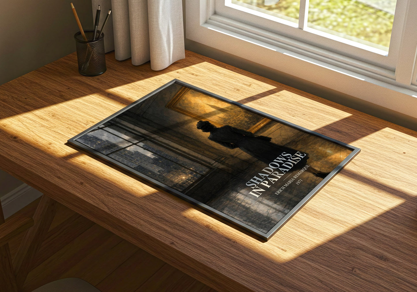 Shadows In Paradise watercolour book poster framed on wall – literary fiction wall art