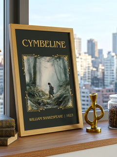 Cymbeline Classic Book Art Print by William Shakespeare – framed print on a city-view windowsill