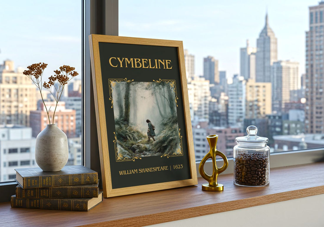 Cymbeline Classic Book Art Print by William Shakespeare – framed print on a city-view windowsill