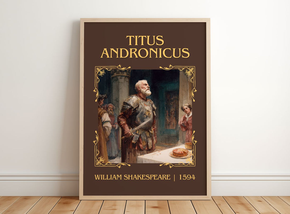 Titus Andronicus Classic Book Art Print by William Shakespeare – framed print leaning on a wooden floor