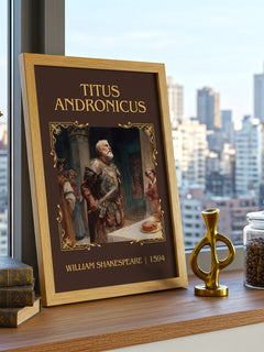 Titus Andronicus Classic Book Art Print by William Shakespeare – framed print on a city-view windowsill