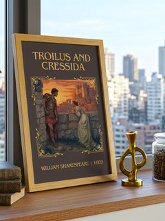 Troilus And Cressida Classic Book Art Print by William Shakespeare – framed print on a city-view windowsill