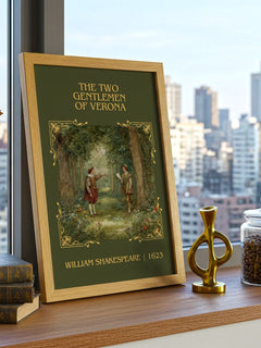 Two Gentlemen Of Verona Classic Book Art Print by William Shakespeare – framed print on a city-view windowsill