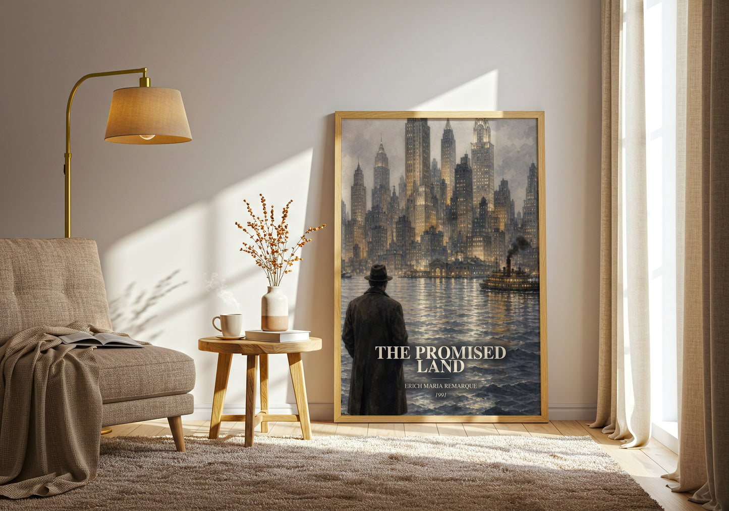 The Promised Land watercolour print in frame leaning in hallway – historical fiction wall art