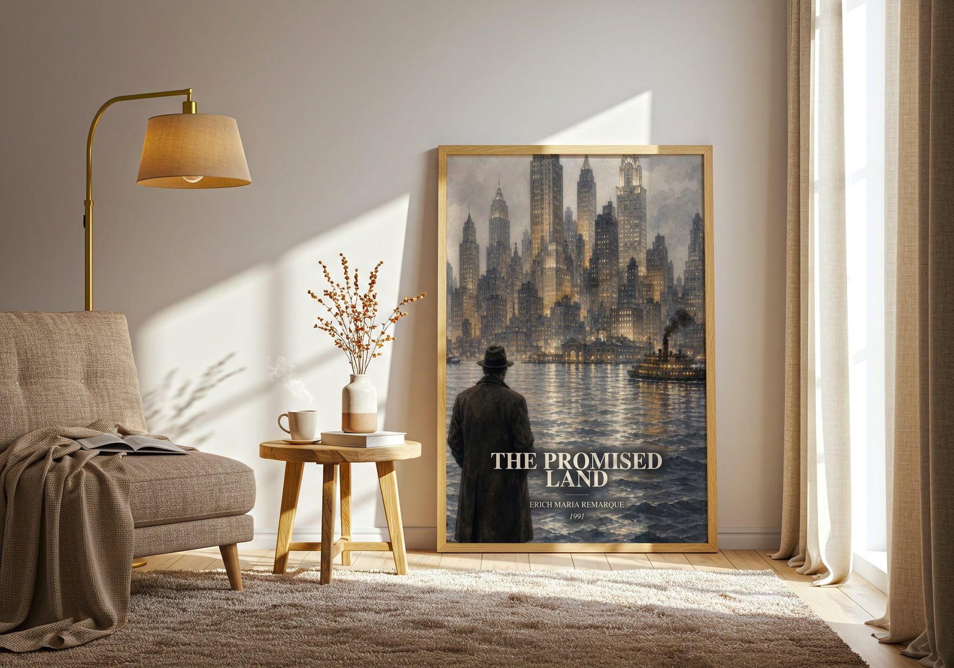 The Promised Land watercolour print in frame leaning in hallway – historical fiction wall art