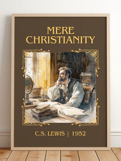 Mere Christianity Classic Book Art Print by C.S. Lewis – framed print leaning on a wooden floor