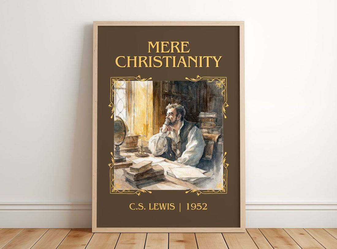 Mere Christianity Classic Book Art Print by C.S. Lewis – framed print leaning on a wooden floor