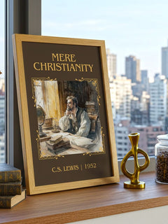 Mere Christianity Classic Book Art Print by C.S. Lewis – framed print on a city-view windowsill