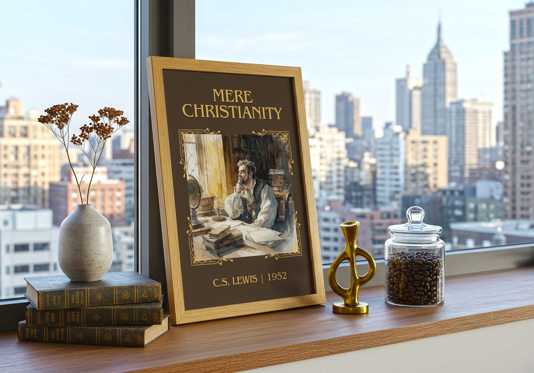 Mere Christianity Classic Book Art Print by C.S. Lewis – framed print on a city-view windowsill