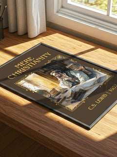 Mere Christianity Classic Book Art Print by C.S. Lewis – print on a sunlit desk