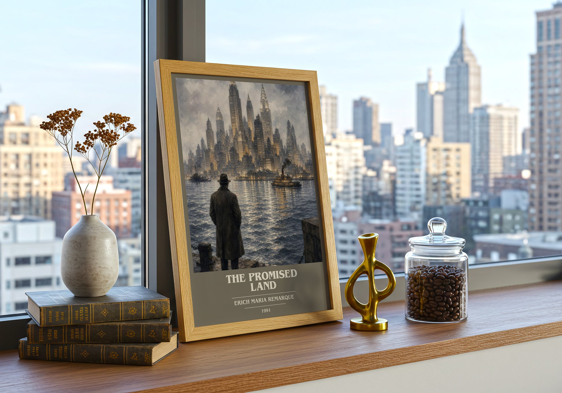 The Promised Land book cover print framed by window – literary home decor