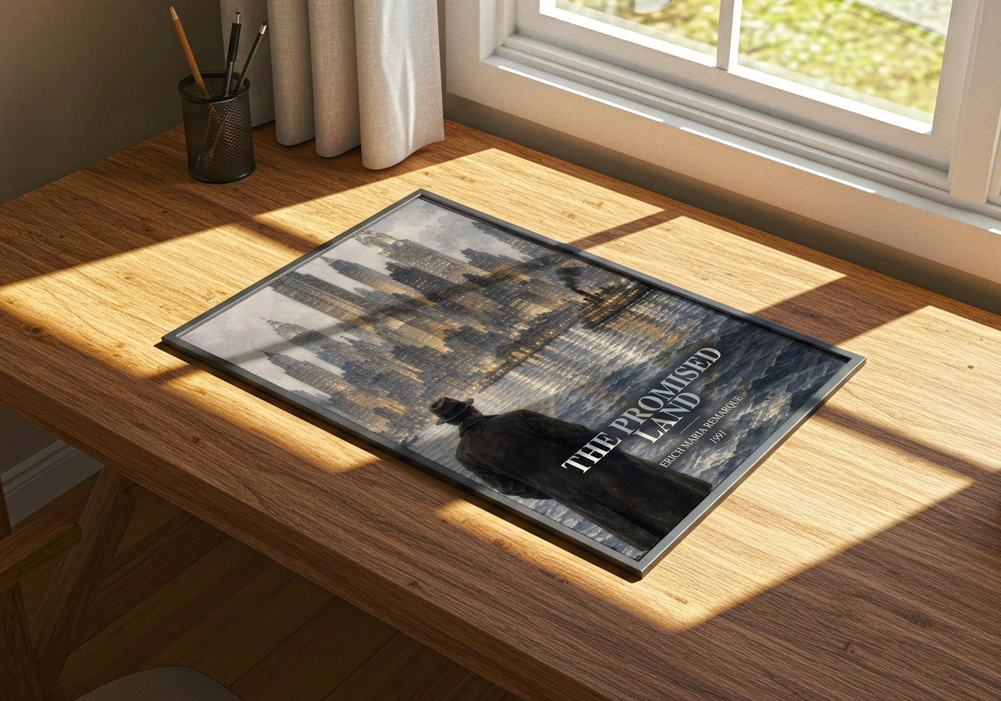 The Promised Land watercolour book poster framed on wall – historical fiction wall art