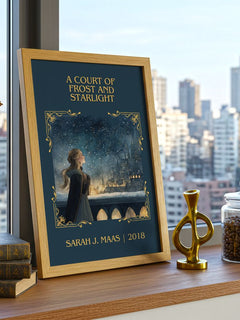 A Court Of Frost And Starlight Classic Book Art Print by Sarah J. Maas – framed print on a city-view windowsill
