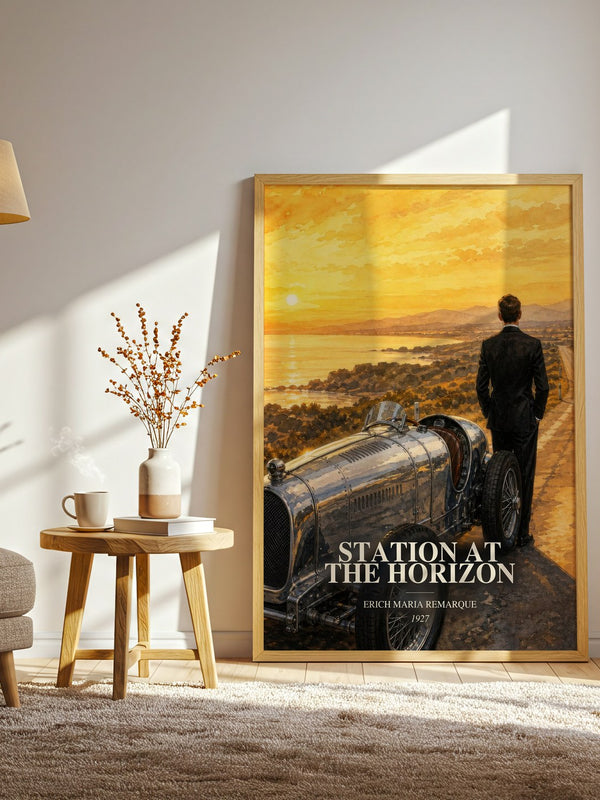 Station At The Horizon watercolour print in frame leaning in hallway – literary fiction wall art