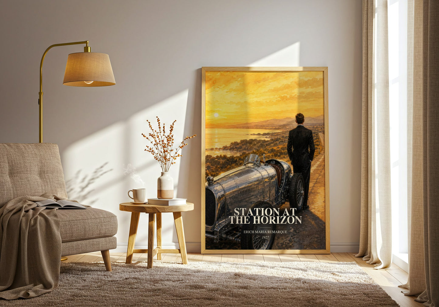 Station At The Horizon watercolour print in frame leaning in hallway – literary fiction wall art
