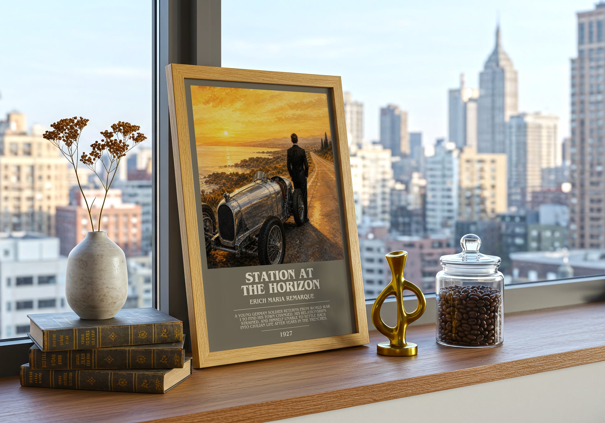 Station At The Horizon bookish print framed by window – literary home decor