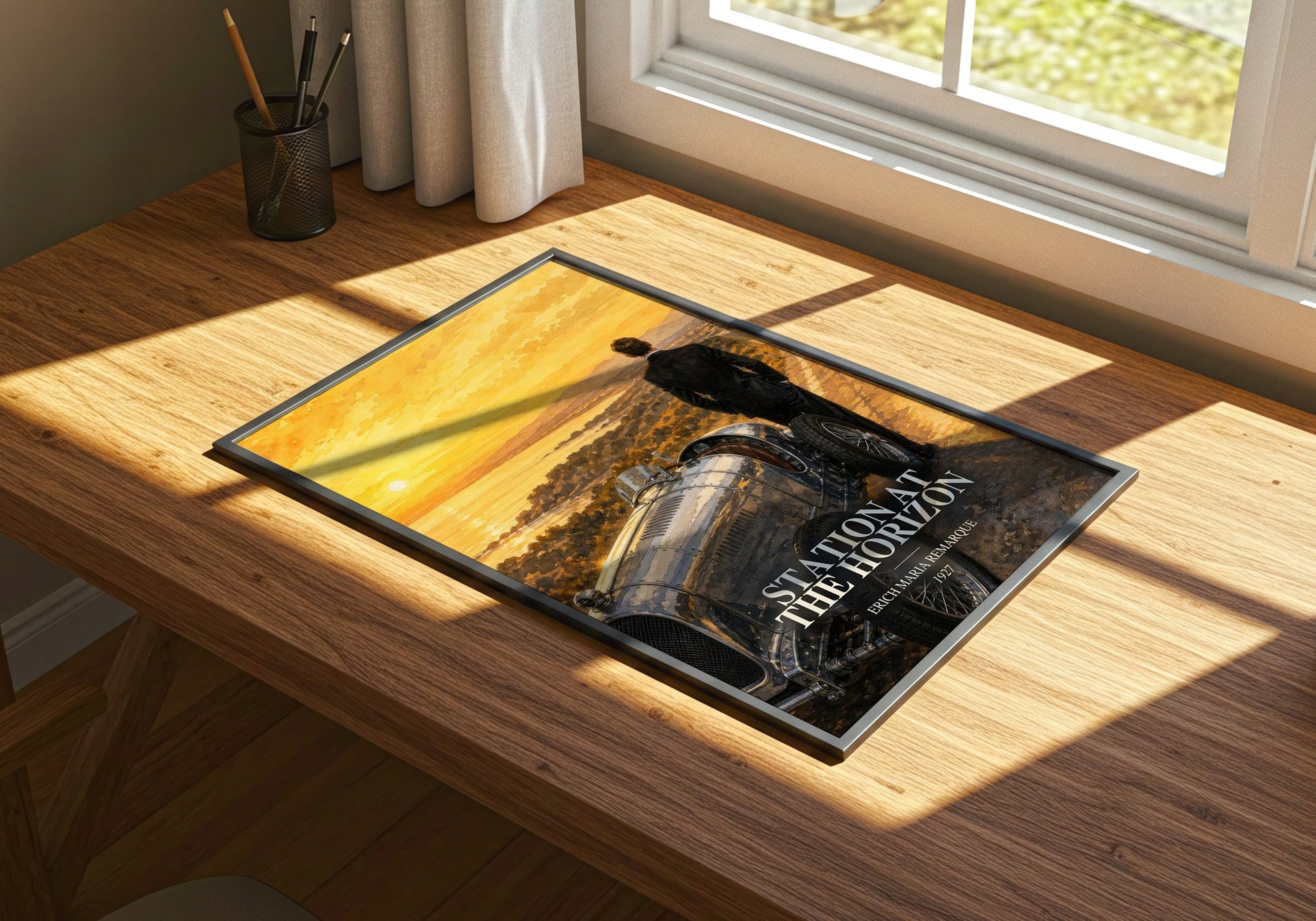 Station At The Horizon watercolour book poster framed on wall – literary fiction wall art